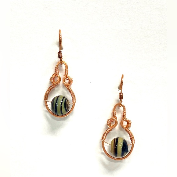 HANDMADE Vintage Glass Bead Hand Wrapped with Hand Hammered Bare Copper Earrings - Picture 5 of 10
